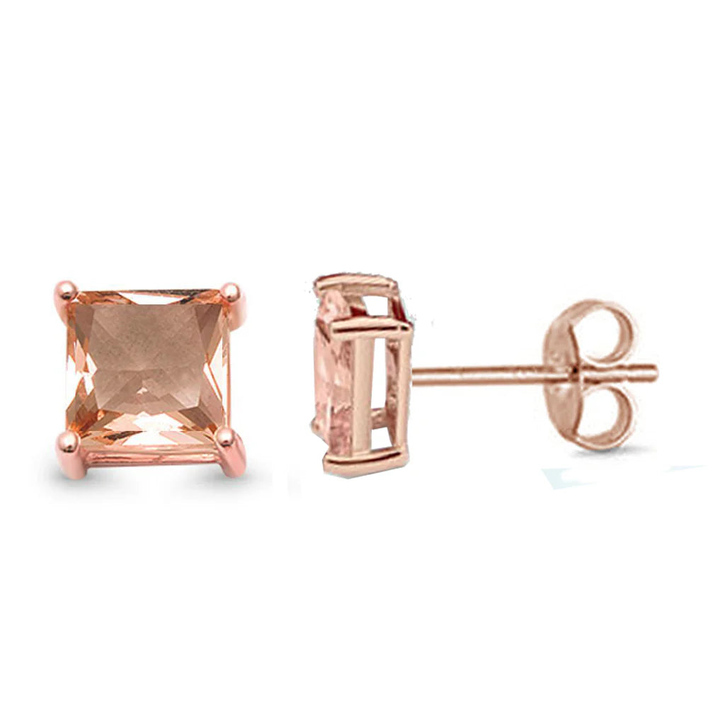 Rose Gold Plated Square Morganite Casting Stud Earrings Push Back .925 Sterling Silver Earrings 3MM-8MM