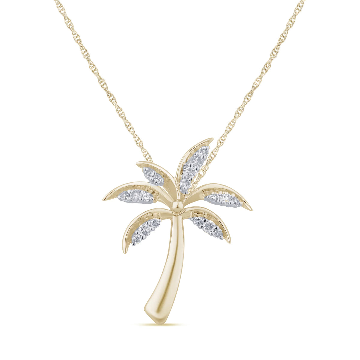 .13ct G SI 14K Yellow Gold Diamond Palm Tree Pendant Necklace 18" Long