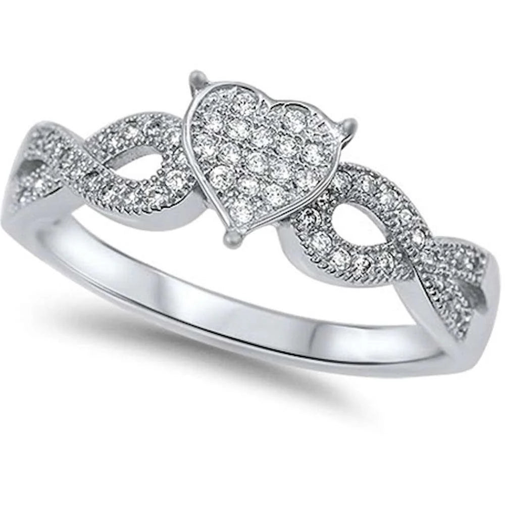 Pave Cz Heart Infinity .925 Sterling Silver Ring Sizes 4-11