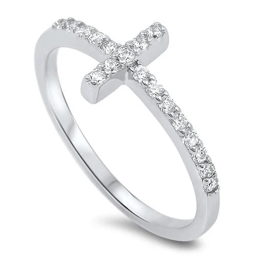 Clear Cz Sideway Cross .925 Sterling Silver Ring Sizes 4-12