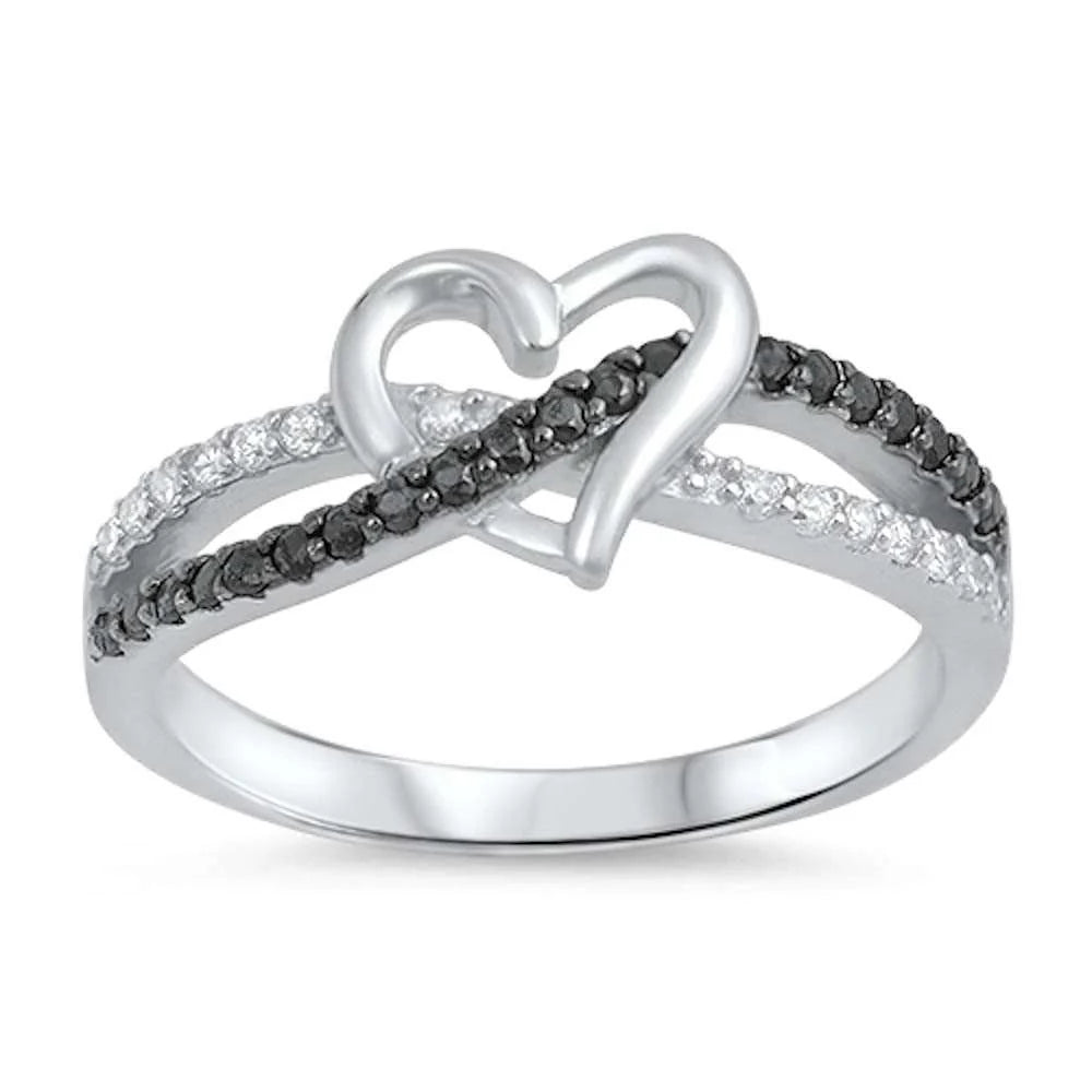 Infinity Heart Clear And Black Cz .925 Sterling Silver Ring Sizes 4 & 5