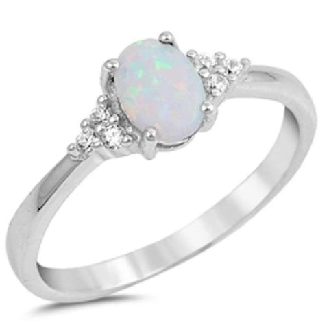 Oval White Opal & Round Cz .925 Sterling Silver Ring Sizes 4-11