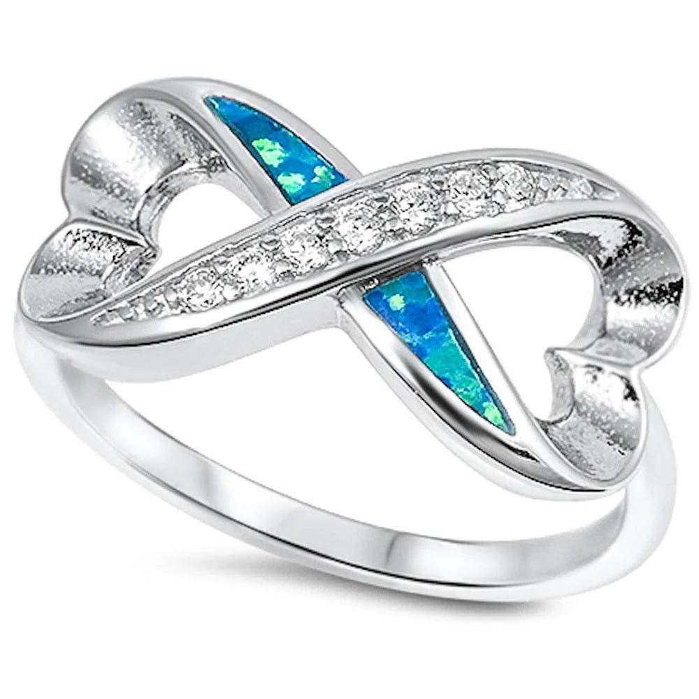 Blue Opal & Cz Heart Shape Infinity .925 Sterling Silver Ring Sizes 5-10