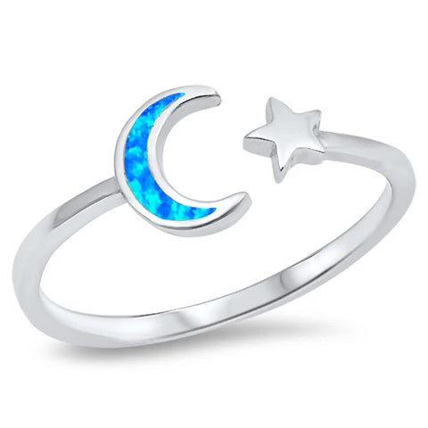 Blue Opal Wraparound Moon And Star .925 Sterling Silver Ring Sizes 3-10