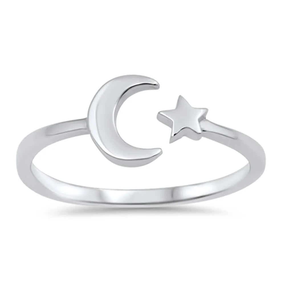 Solid Moon & Star Sterling Silver .925 Sterling Silver Ring