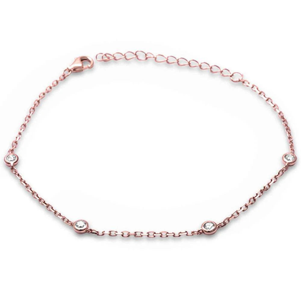 Rose Gold Plated Bezel Set Cubic Zirconia .925 Sterling Silver Chain Bracelet