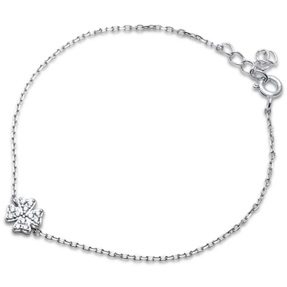 Cubic Zirconia Clover .925 Sterling Silver Bracelet 6" + 1" Extension