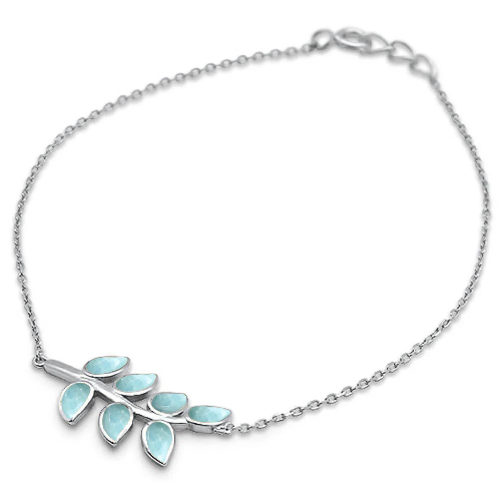 Natural Larimar Leaf Design .925 Sterling Silver Bracelet