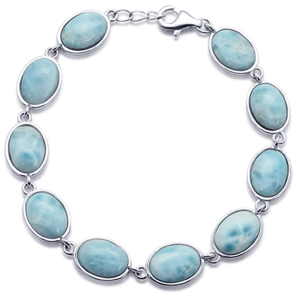 Oval Cut Natural Larimar .925 Sterling Silver Bracelet 7.5" Long