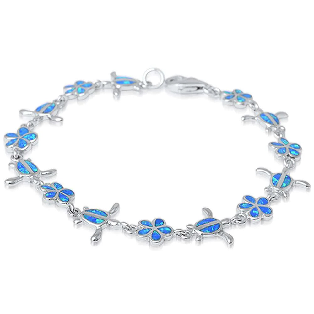 Blue Opal Plumeria & Turtle .925 Sterling Silver Bracelet