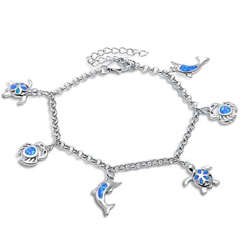 Blue Opal Turtle, Crab & Dolphin .925 Sterling Silver Bracelet