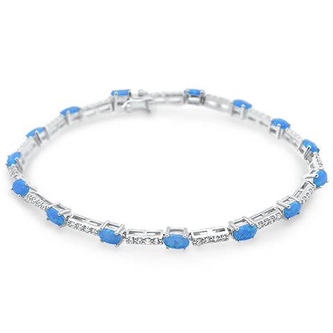 Oval Blue Opal & Cz .925 Sterling Silver Bracelet