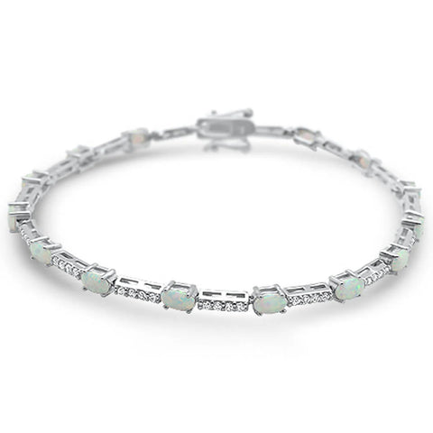 Oval White Opal & Cz .925 Sterling Silver Bracelet