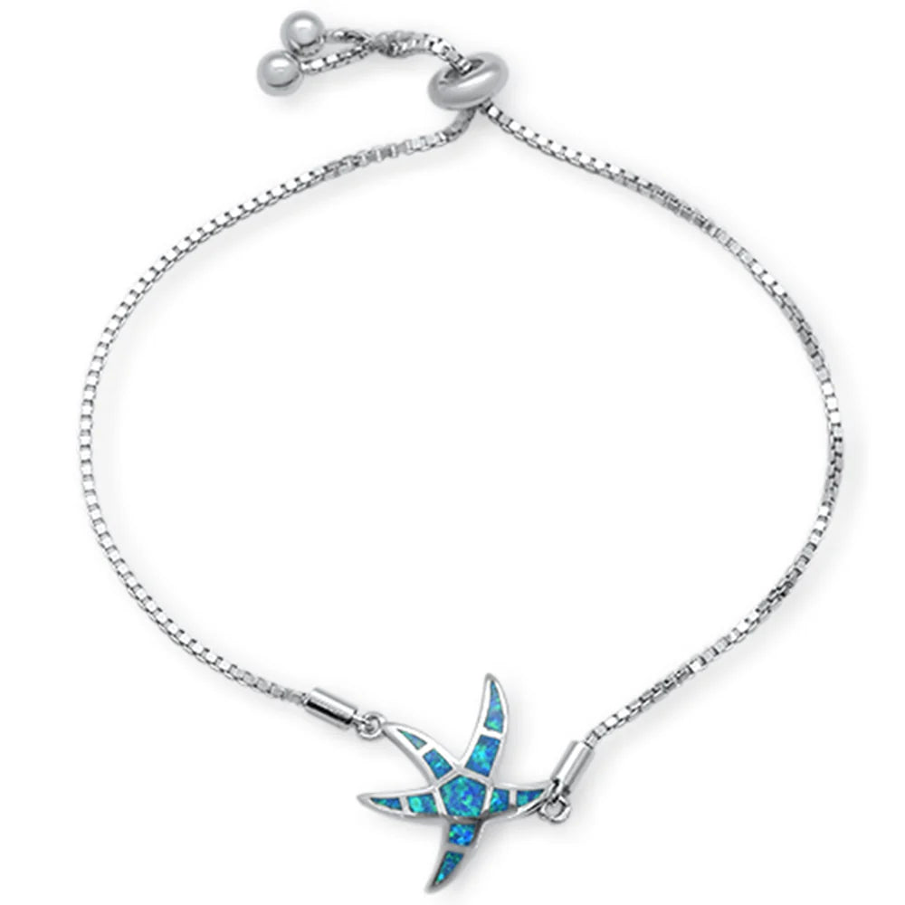 Blue Opal Star Fish .925 Sterling Silver Bracelet 7-9" Adjustable Toggle Bola Bracelet