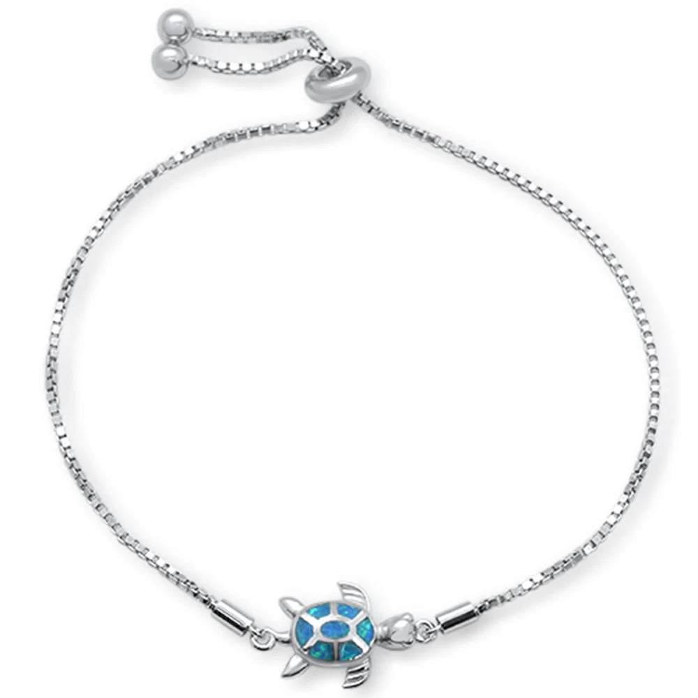 Blue Opal Turtle .925 Sterling Silver Bracelet 7-9" Adjustable Toggle Bola Bracelet