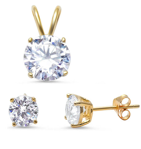 Yellow Gold Plated Round Cz .925 Sterling Silver Pendant & Earring Set