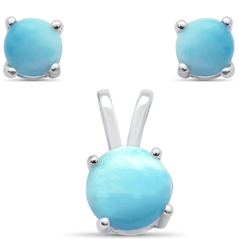 Natural Round Larimar Earring & Pendant .925 Sterling Silver Set