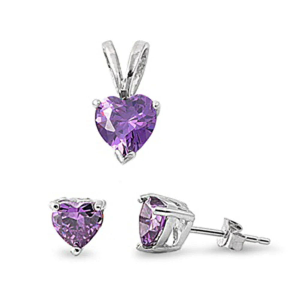 Amethyst Heart Pendant & Earrings Set .925 Sterling Silver