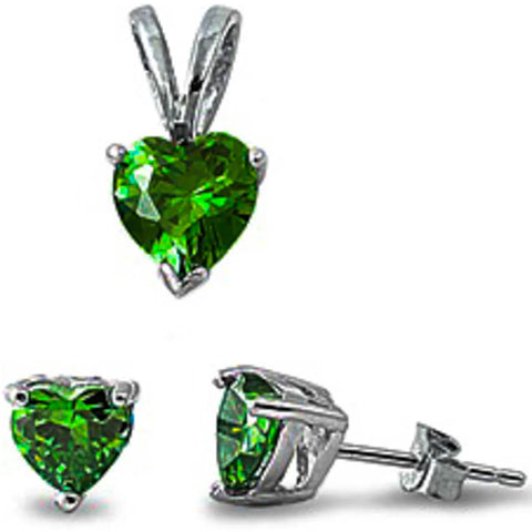 Green Emerald Heart Pendant & Earrings Set .925 Sterling Silver