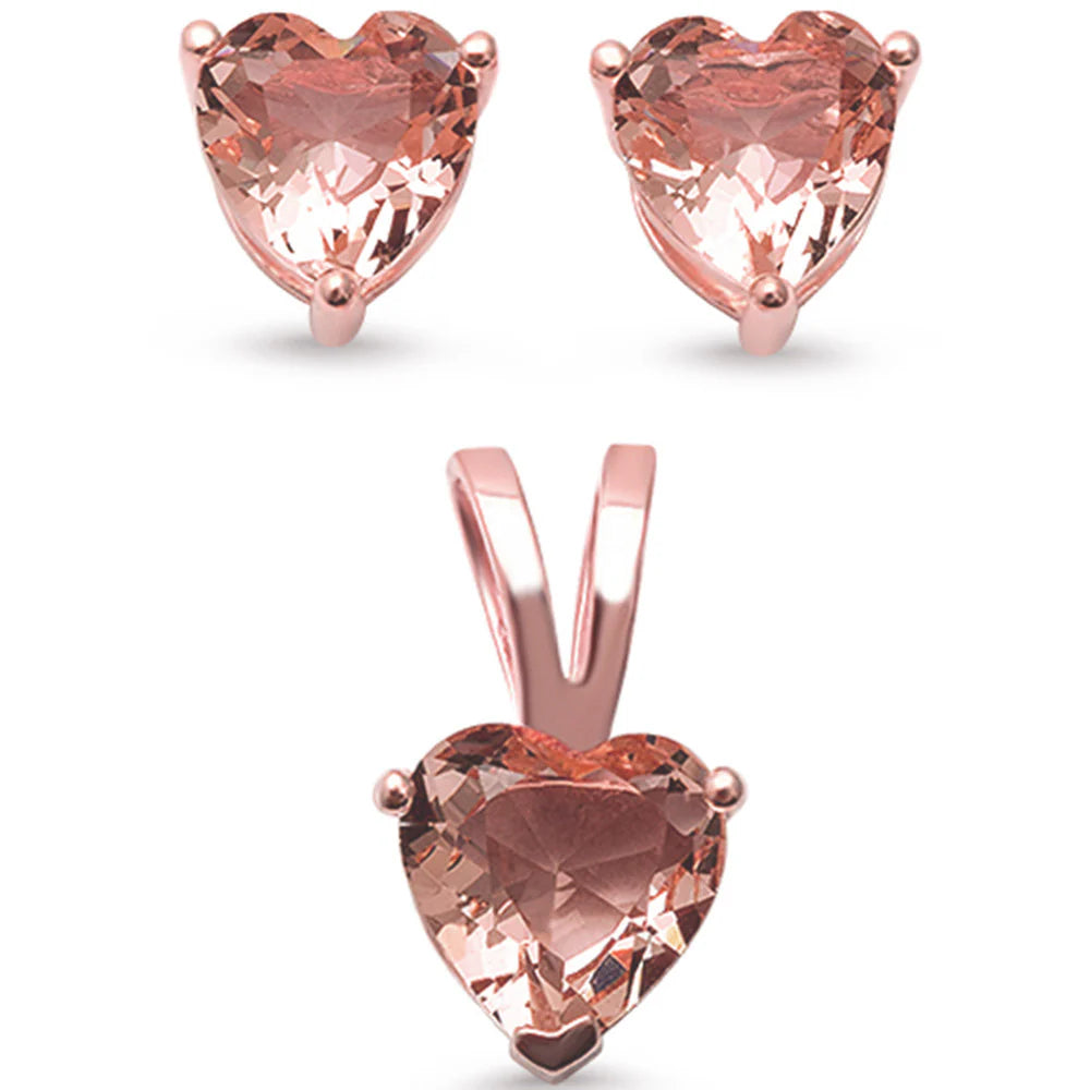 Rose Gold Plated Morganite Heart Pendant & Earrings Set .925 Sterling Silver