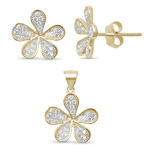 Yellow Gold Plated Cubic Zirconia Flower .925 Sterling Silver Set