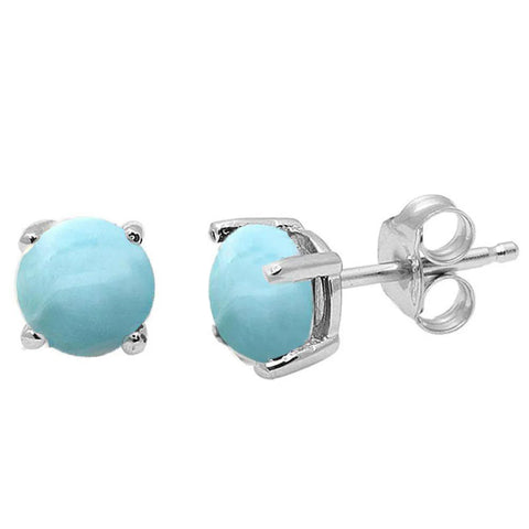 Round Natural Larimar Stud .925 Sterling Silver Earrings 3MM-10MM Available