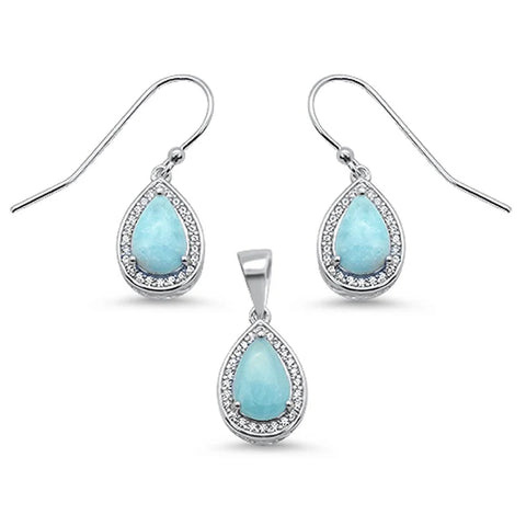 Pear Shape Natural Larimar & Cz Earring & Pendant .925 Sterling Silver Set