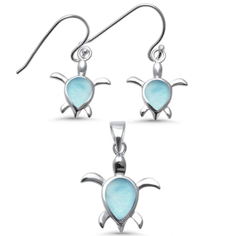 Natural Larimar Turtle Earring & Pendant .925 Sterling Silver Set