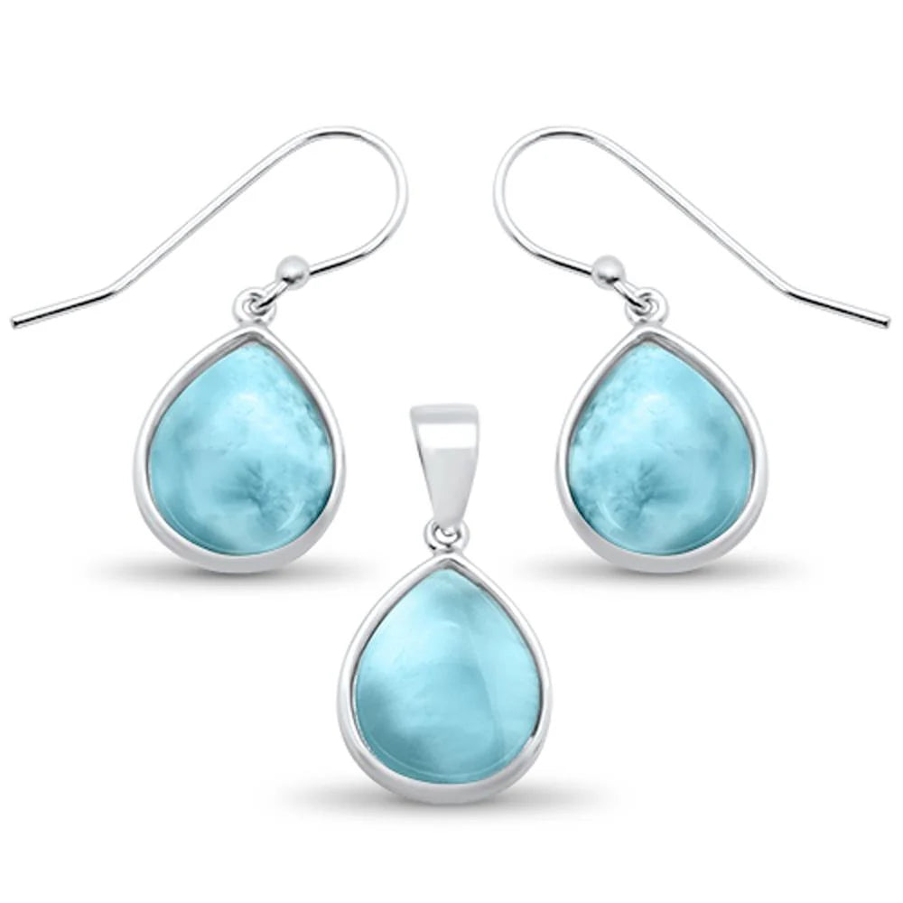 Natural Larimar Pear Shape Dangle Earring & Pendant .925 Sterling Silver Set