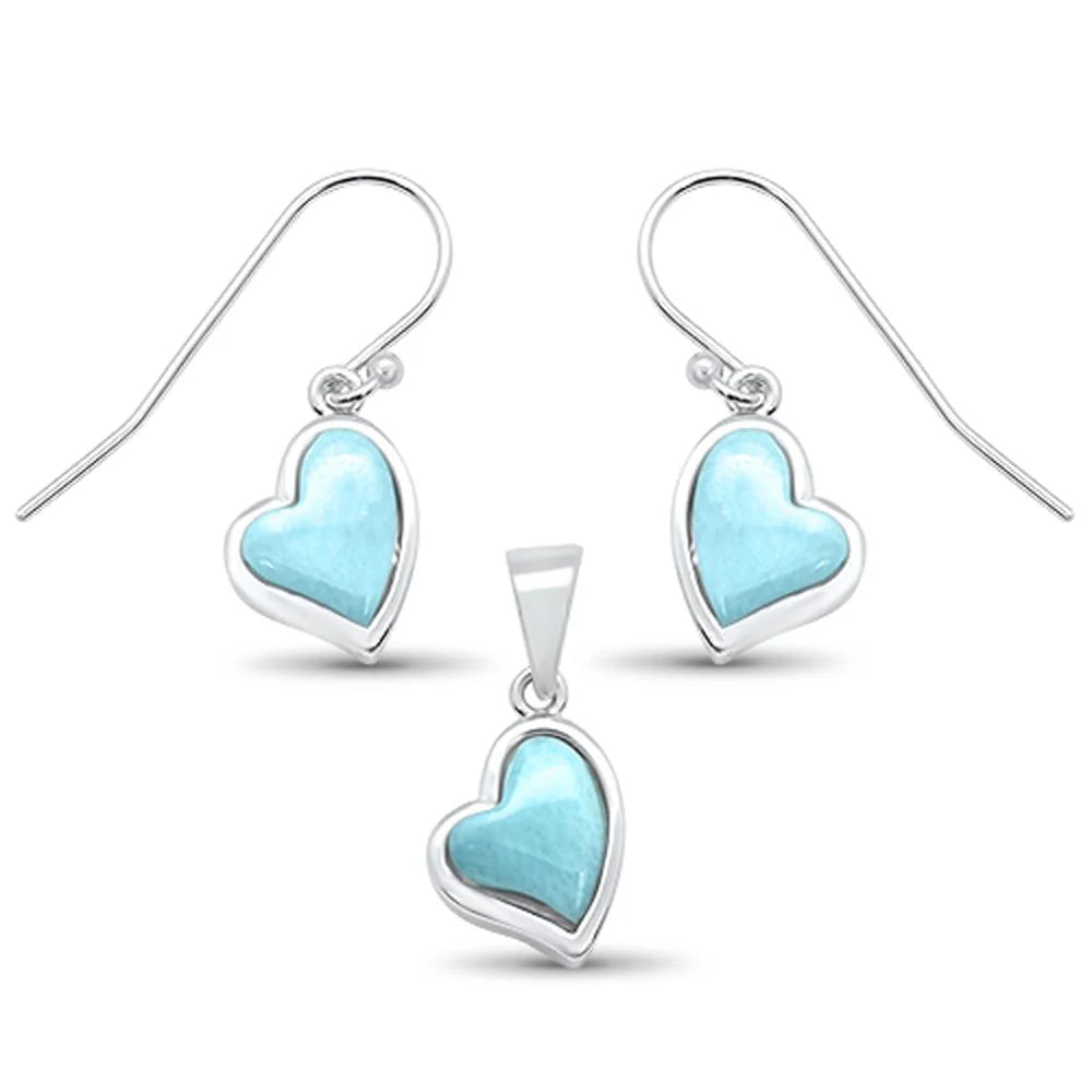 Natural Larimar Heart Shape Dangle Earring & Pendant .925 Sterling Silver Set