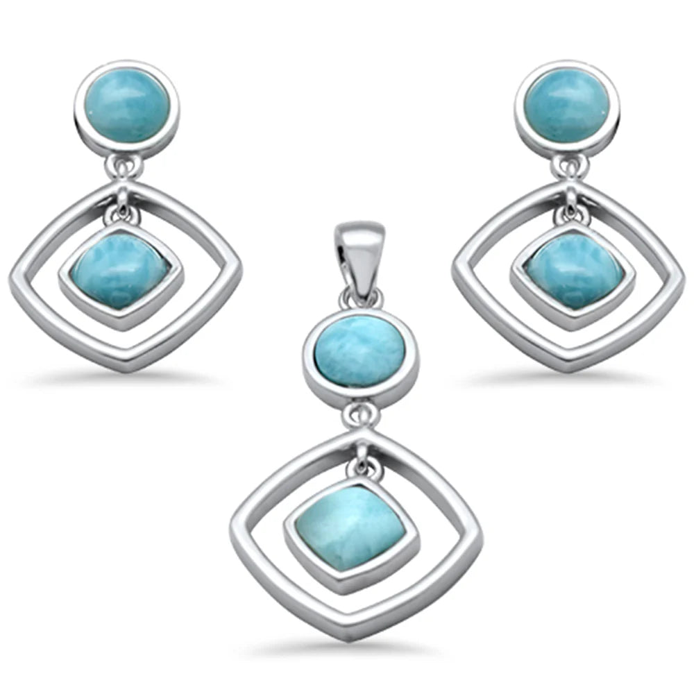 Natural Larimar Dangling .925 Sterling Silver Pendant & Earrings Set