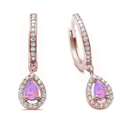 Pink Opal & Cz Hoop Dangle Rose Gold Plated .925 Sterling Silver Earrings