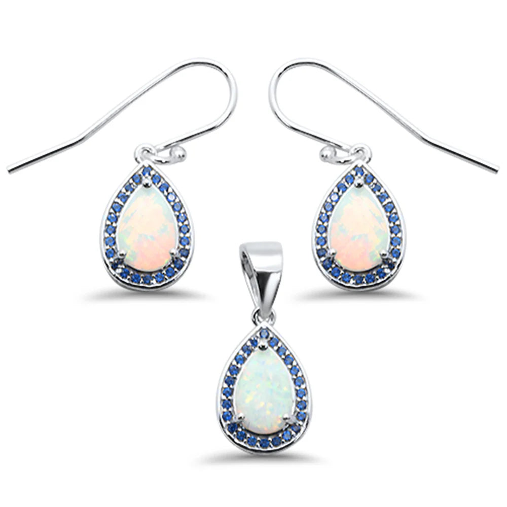 Pear Shape White Opal & Blue Sapphire Cubic Zirconia .925 Sterling Silver Earring & Pendant Set