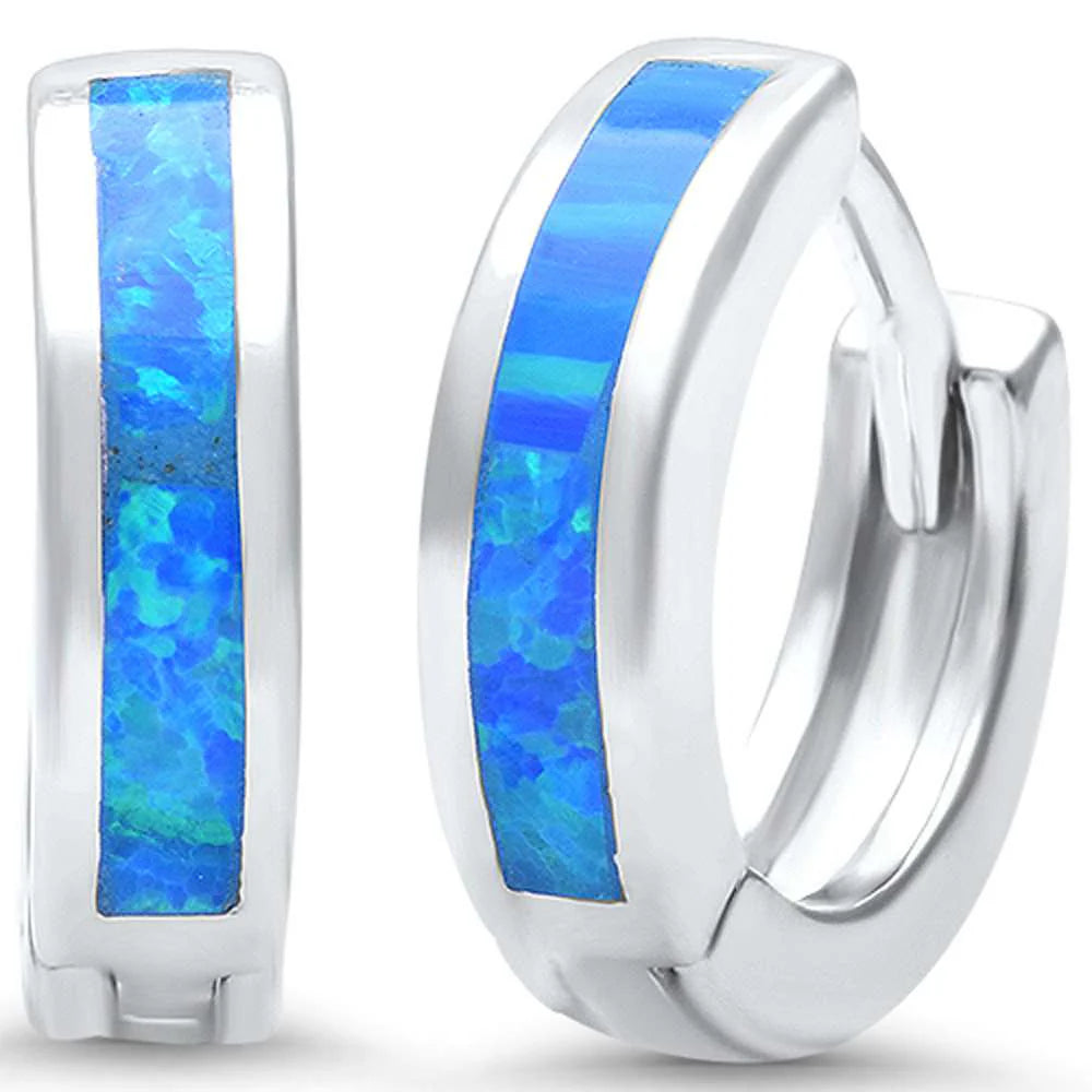 Blue Opal .925 Sterling Silver Hoop Huggie Earrings