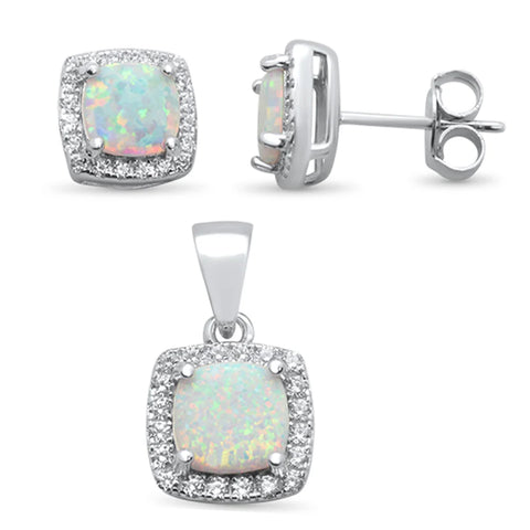 Cushion Cut White Opal & Cubic Zirconia .925 Sterling Silver Pendant & Earring Set