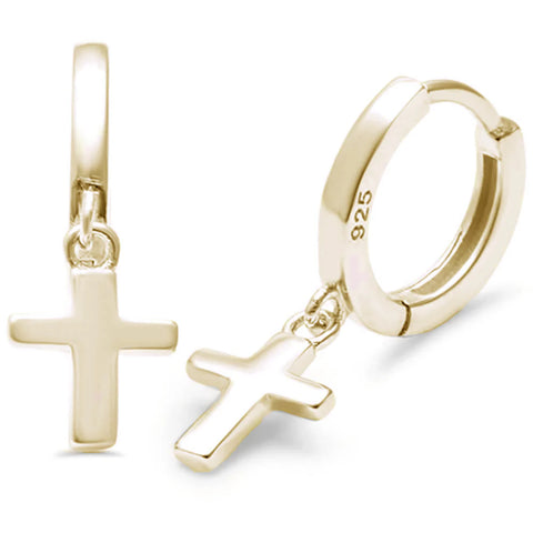 Plain Yellow Gold Plated Cross Hoop .925 Sterling Silver Earrings