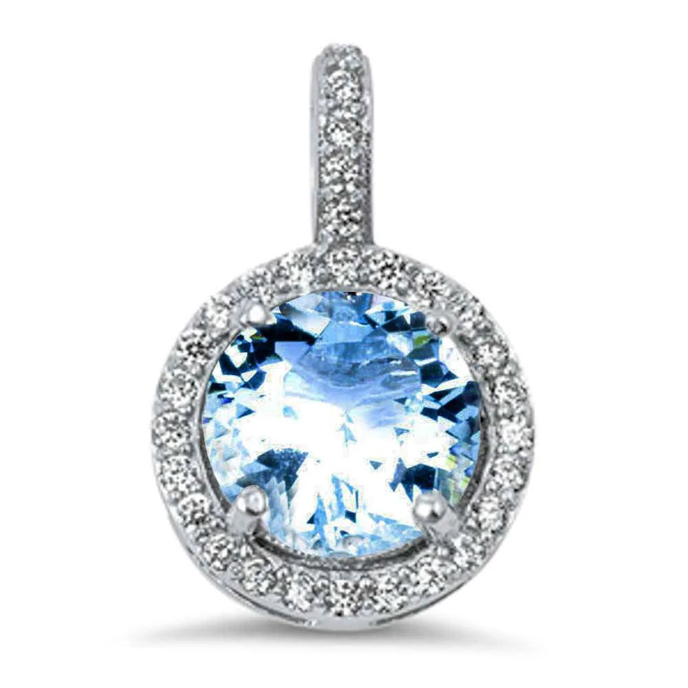 Halo Aquamarine & Cz .925 Sterling Silver Pendant