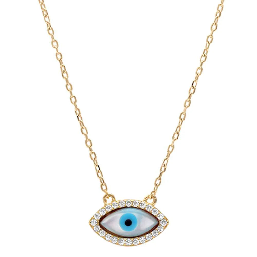 Yellow Gold Plated Cubic Zirconia Evil Eye .925 Sterling Silver Pendant Necklace