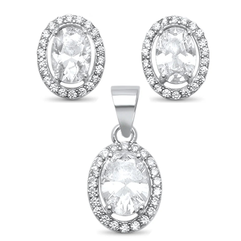 Oval Cubic Zirconia Halo Solitaire .925 Sterling Silver Earring And Pendant Set