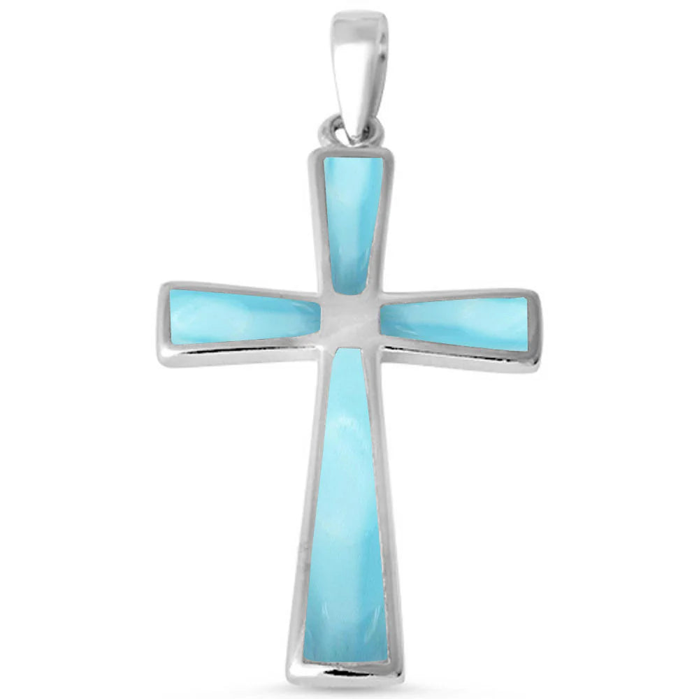 Natural Larimar Cross .925 Sterling Silver Pendant