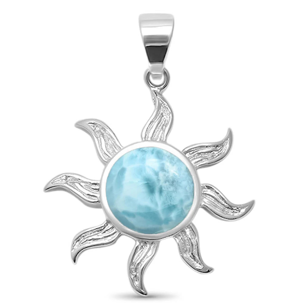 Cute! Natural Larimar Sun Ocean Surf Celestial Sun .925 Sterling Silver Pendant