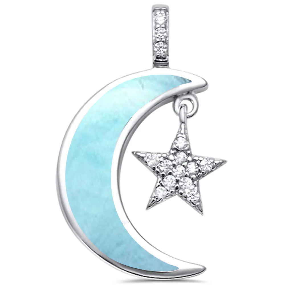 Natural Larimar Crescent Moon Star Cubic Zirconia .925 Sterling Silver Pendant