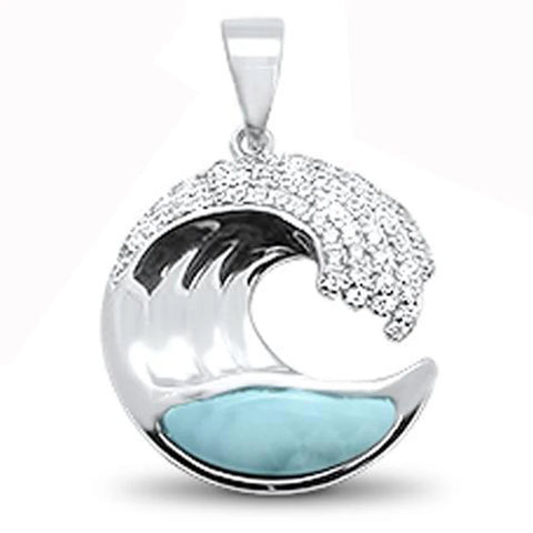 Natural Larimar & Cubic Zirconia Wave Design .925 Sterling Silver Pendant