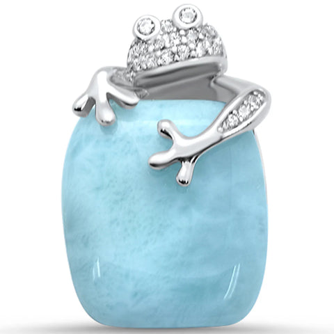 Natural Larimar & Cz Frog .925 Sterling Silver Pendant