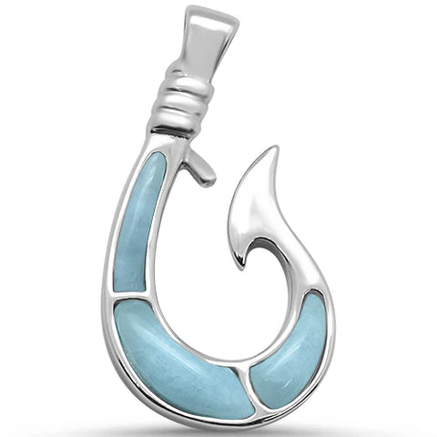 Natural Larimar Fish Hook .925 Sterling Silver Pendant