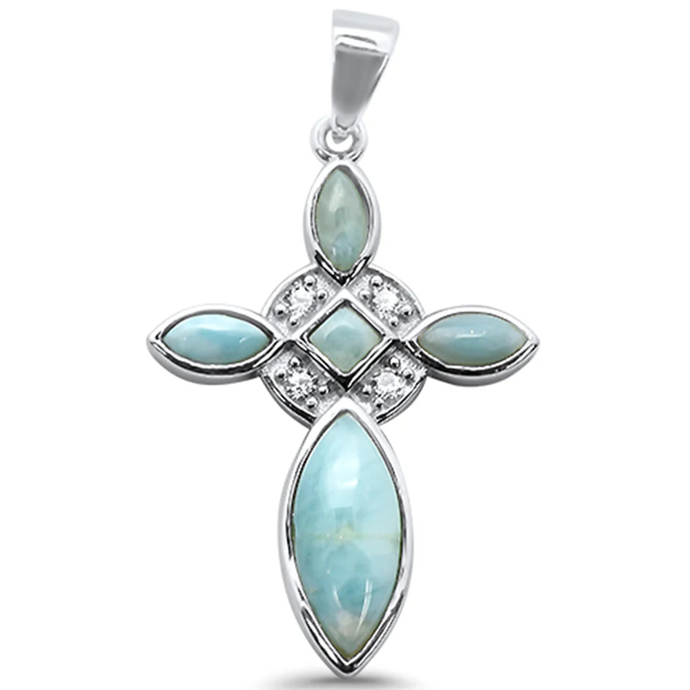 Natural Larimar Cross & Cz .925 Sterling Silver Charm Pendant