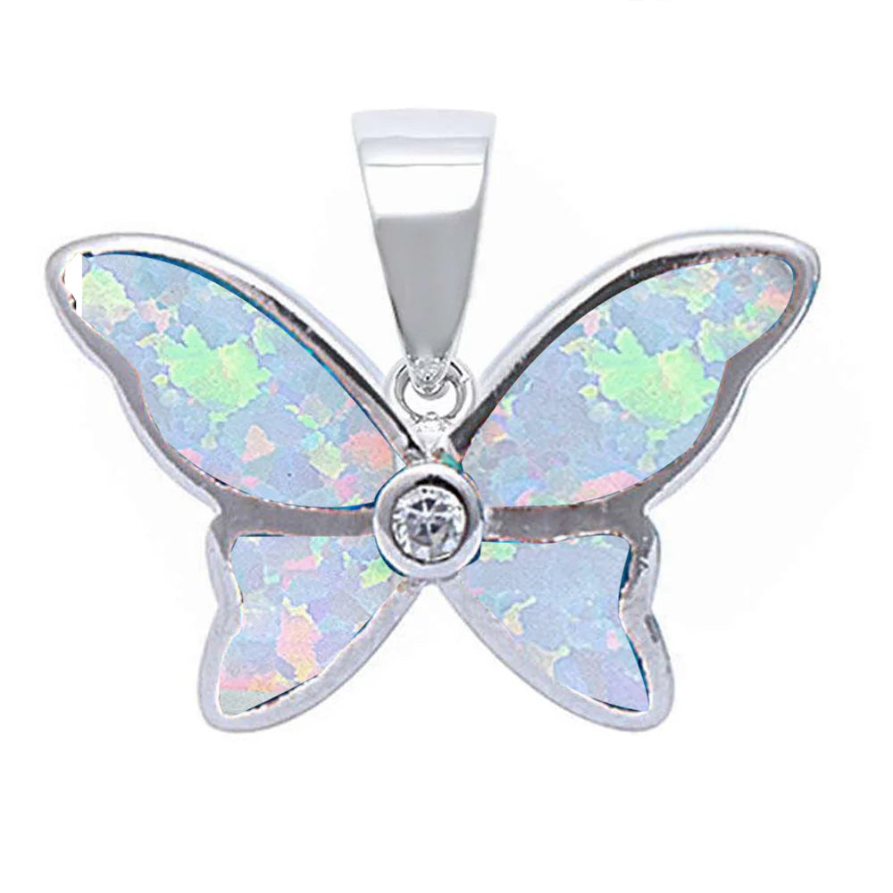 White Opal & Cubic Zirconia Butterfly .925 Sterling Silver Pendant