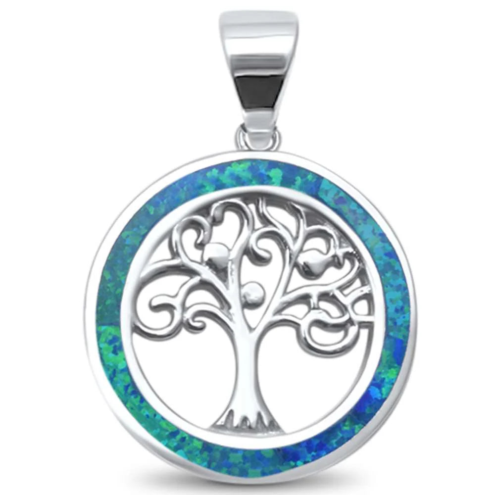 Blue Opal Family Tree Of Life Whimsical .925 Sterling Silver Charm Pendant