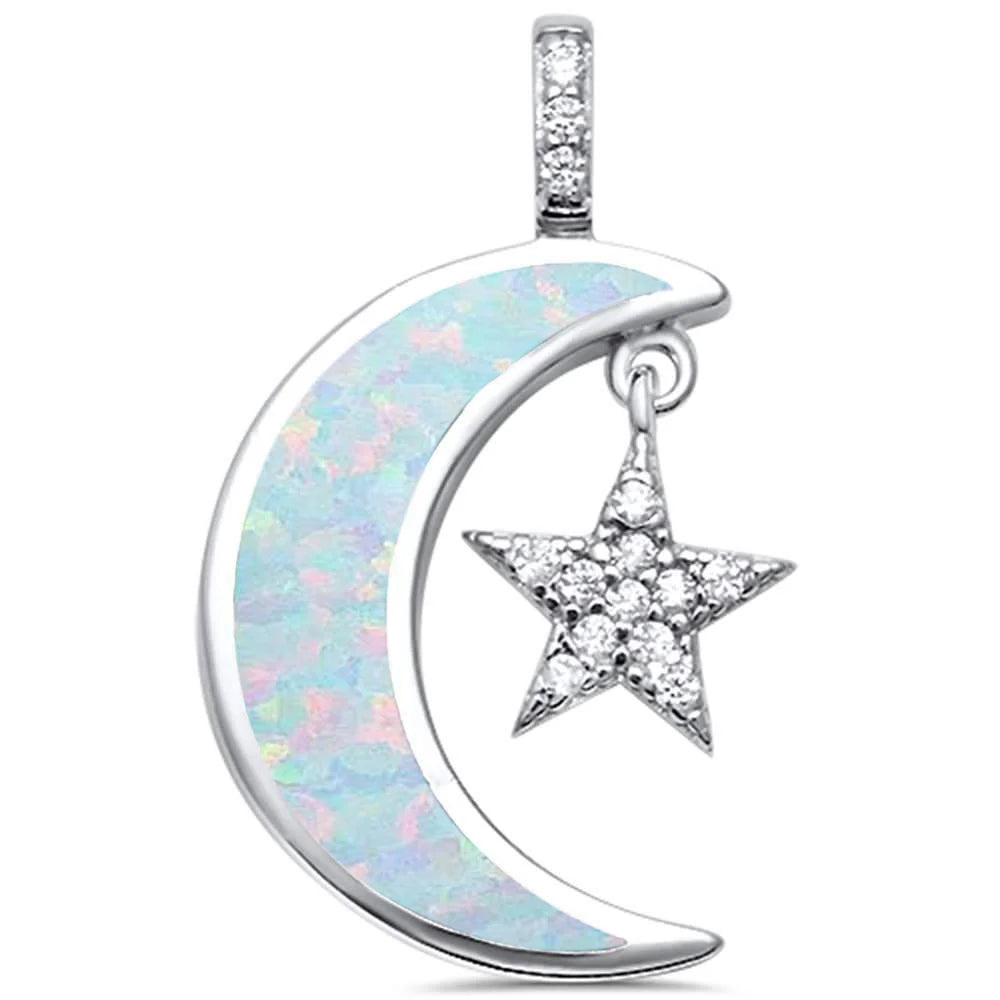 White Opal Crescent Moon & Star Cubic Zirconia .925 Sterling Silver Pendant