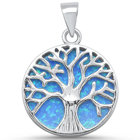 Round Blue Opal Tree Of Life Design .925 Sterling Silver Pendant